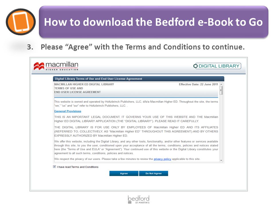 How to download the Bedford e-Book to Go 3.Please Agree with the Terms and Conditions to continue.