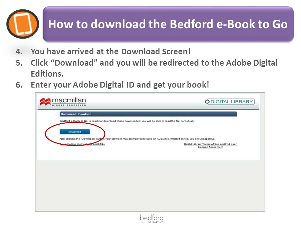 How to download the Bedford e-Book to Go 4.You have arrived at the Download Screen.