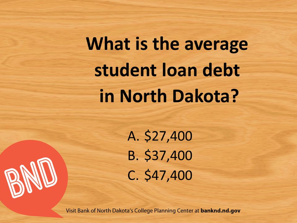 What is the average student loan debt in North Dakota A.$27,400 B.$37,400 C.$47,400