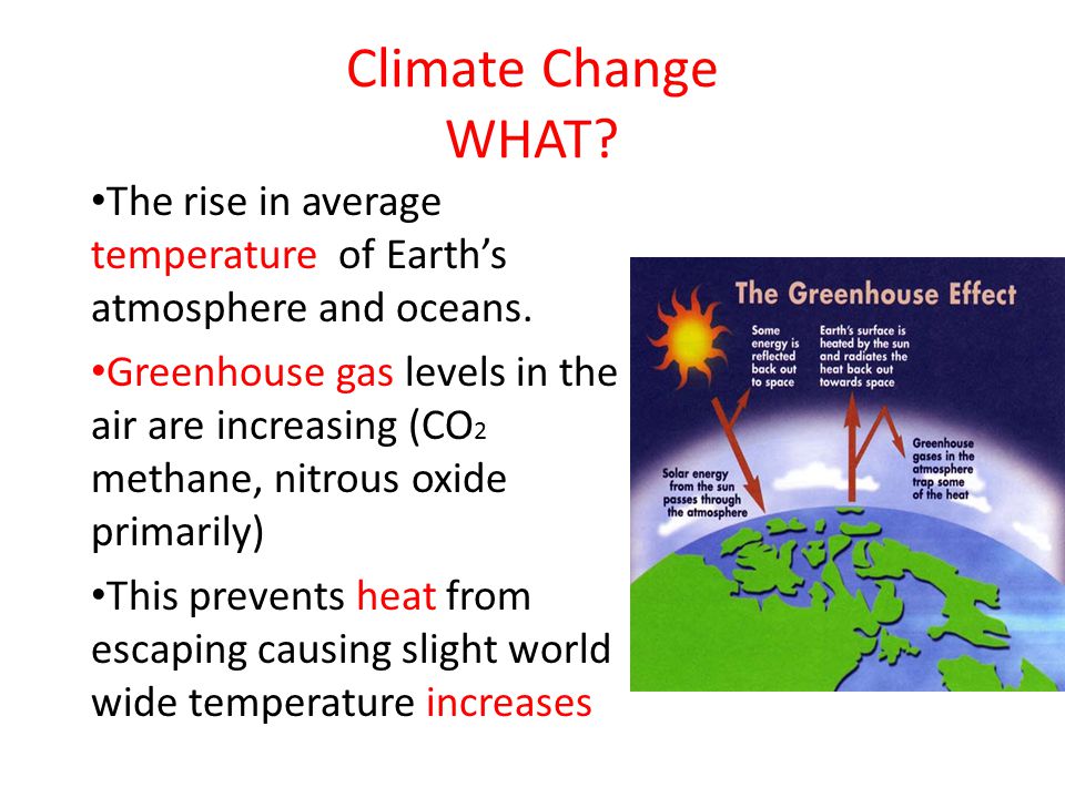Climate Change WHAT. The rise in average temperature of Earth’s atmosphere and oceans.