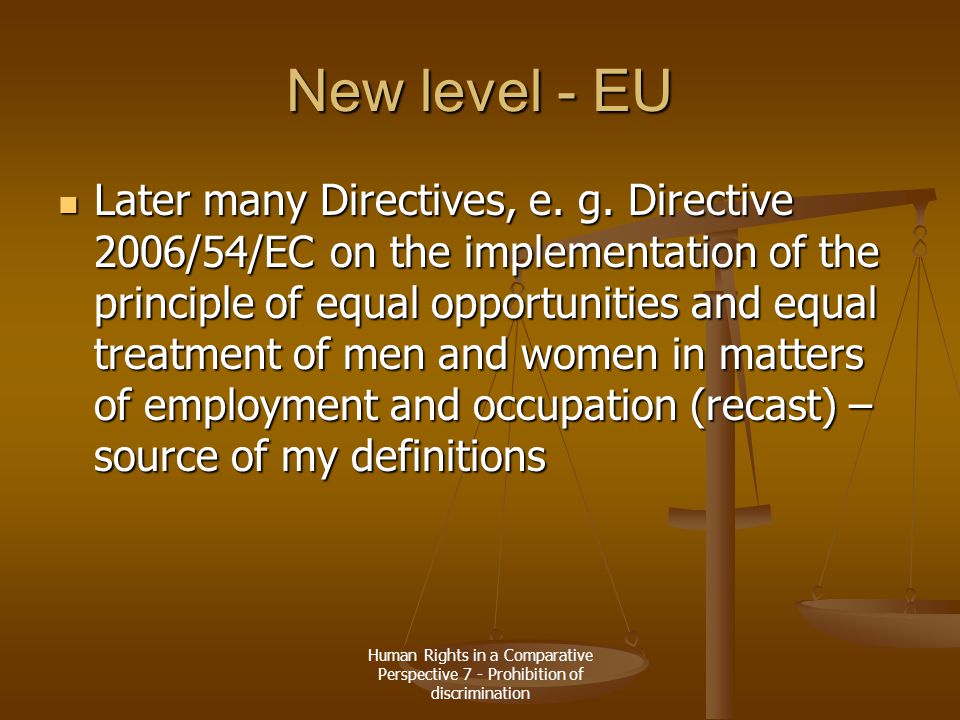 Human Rights in a Comparative Perspective 7 - Prohibition of discrimination New level - EU Later many Directives, e.