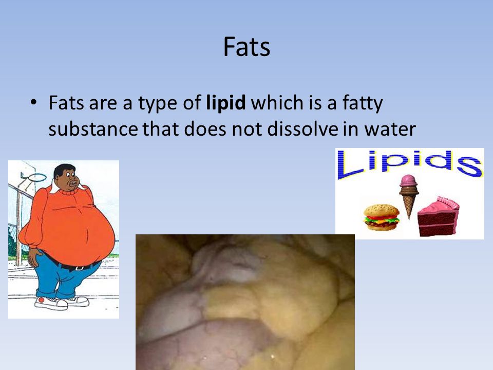 Fats Fats are a type of lipid which is a fatty substance that does not dissolve in water