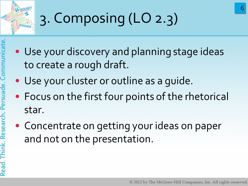Composing (LO 2.3) Use your discovery and planning stage ideas to create a rough draft.