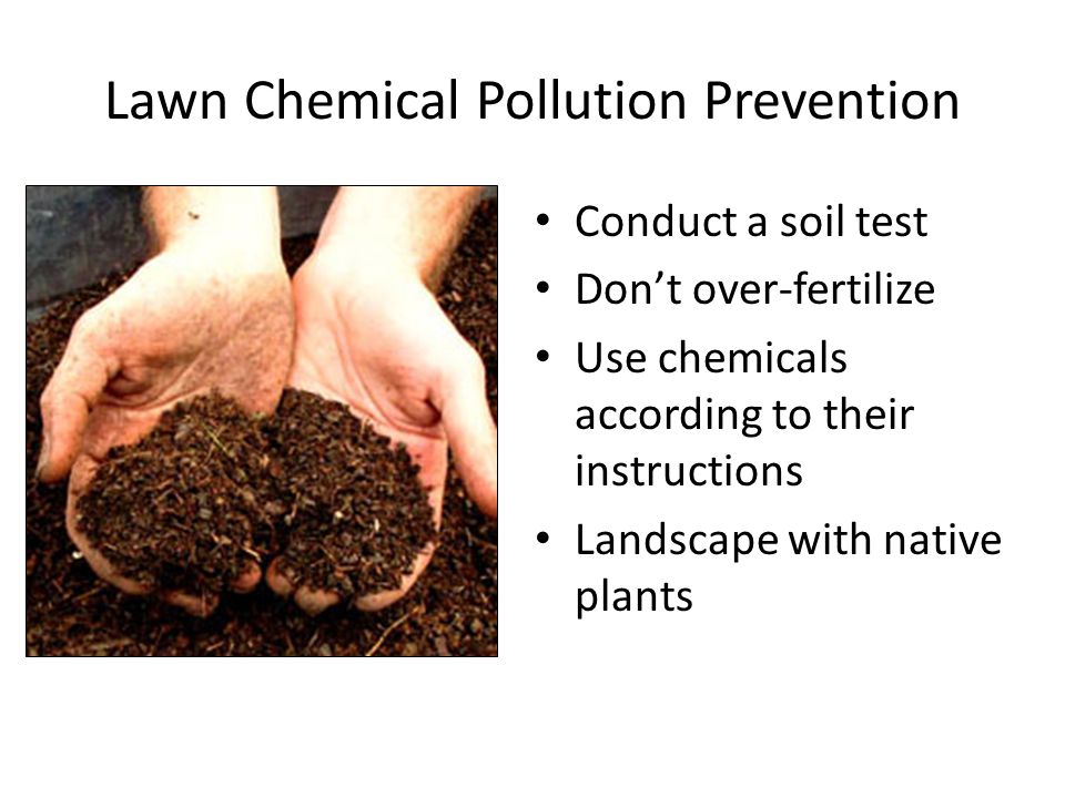 Lawn Chemical Pollution Prevention Conduct a soil test Don’t over-fertilize Use chemicals according to their instructions Landscape with native plants