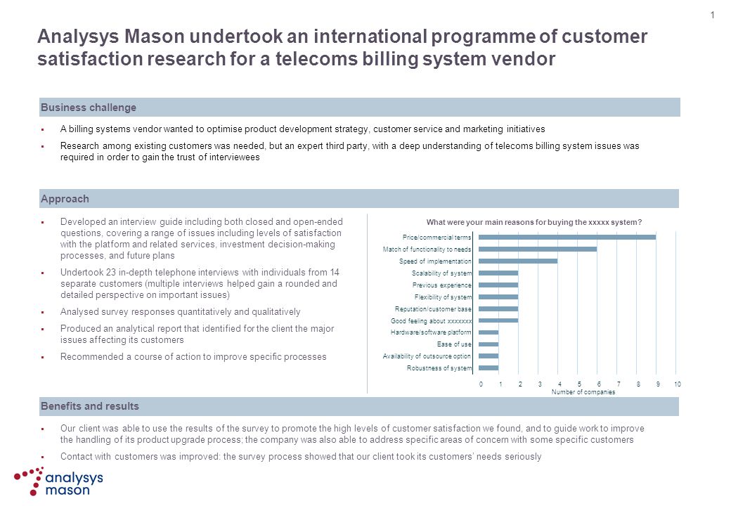 1 Analysys Mason undertook an international programme of customer satisfaction research for a telecoms billing system vendor  A billing systems vendor wanted to optimise product development strategy, customer service and marketing initiatives  Research among existing customers was needed, but an expert third party, with a deep understanding of telecoms billing system issues was required in order to gain the trust of interviewees  Developed an interview guide including both closed and open-ended questions, covering a range of issues including levels of satisfaction with the platform and related services, investment decision-making processes, and future plans  Undertook 23 in-depth telephone interviews with individuals from 14 separate customers (multiple interviews helped gain a rounded and detailed perspective on important issues)  Analysed survey responses quantitatively and qualitatively  Produced an analytical report that identified for the client the major issues affecting its customers  Recommended a course of action to improve specific processes  Our client was able to use the results of the survey to promote the high levels of customer satisfaction we found, and to guide work to improve the handling of its product upgrade process; the company was also able to address specific areas of concern with some specific customers  Contact with customers was improved: the survey process showed that our client took its customers’ needs seriously Robustness of system Availability of outsource option Ease of use Hardware/software platform Good feeling about xxxxxxx Reputation/customer base Flexibility of system Previous experience Scalability of system Speed of implementation Match of functionality to needs Price/commercial terms Number of companies What were your main reasons for buying the xxxxx system.