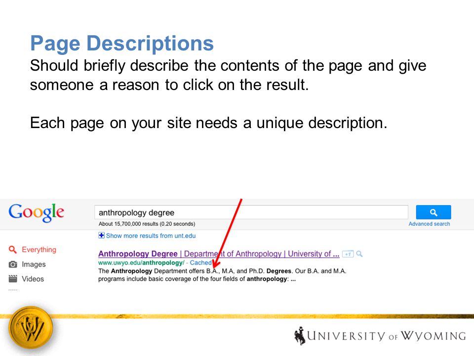 Page Descriptions Should briefly describe the contents of the page and give someone a reason to click on the result.