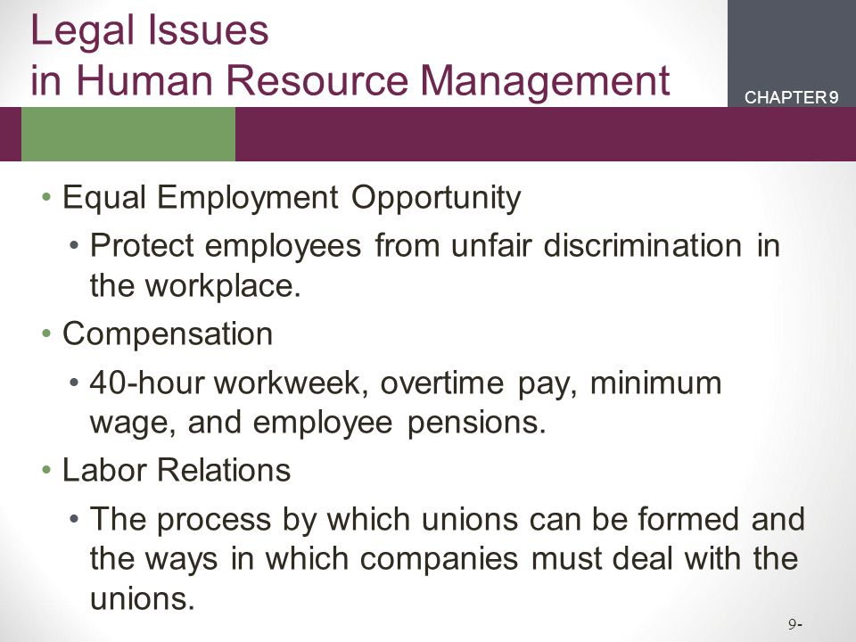 CHAPTER 2CHAPTER 1 CHAPTER 9 9- Legal Issues in Human Resource Management Equal Employment Opportunity Protect employees from unfair discrimination in the workplace.
