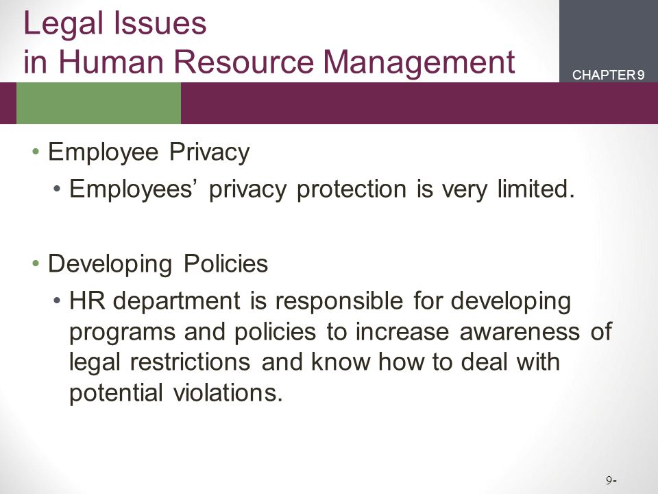 CHAPTER 2CHAPTER 1 CHAPTER 9 9- Legal Issues in Human Resource Management Employee Privacy Employees’ privacy protection is very limited.