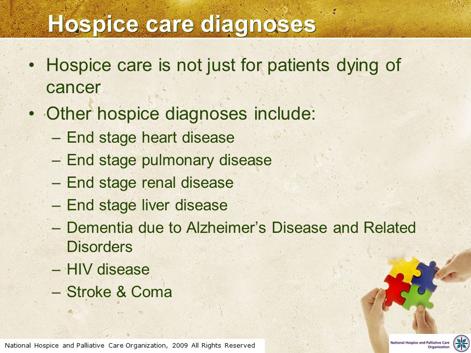 National Hospice and Palliative Care Organization, 2009 All Rights Reserved Hospice care diagnoses Hospice care is not just for patients dying of cancer Other hospice diagnoses include: –End stage heart disease –End stage pulmonary disease –End stage renal disease –End stage liver disease –Dementia due to Alzheimer’s Disease and Related Disorders –HIV disease –Stroke & Coma