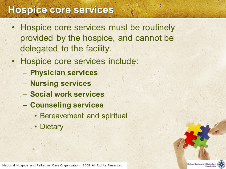 National Hospice and Palliative Care Organization, 2009 All Rights Reserved Hospice core services Hospice core services must be routinely provided by the hospice, and cannot be delegated to the facility.
