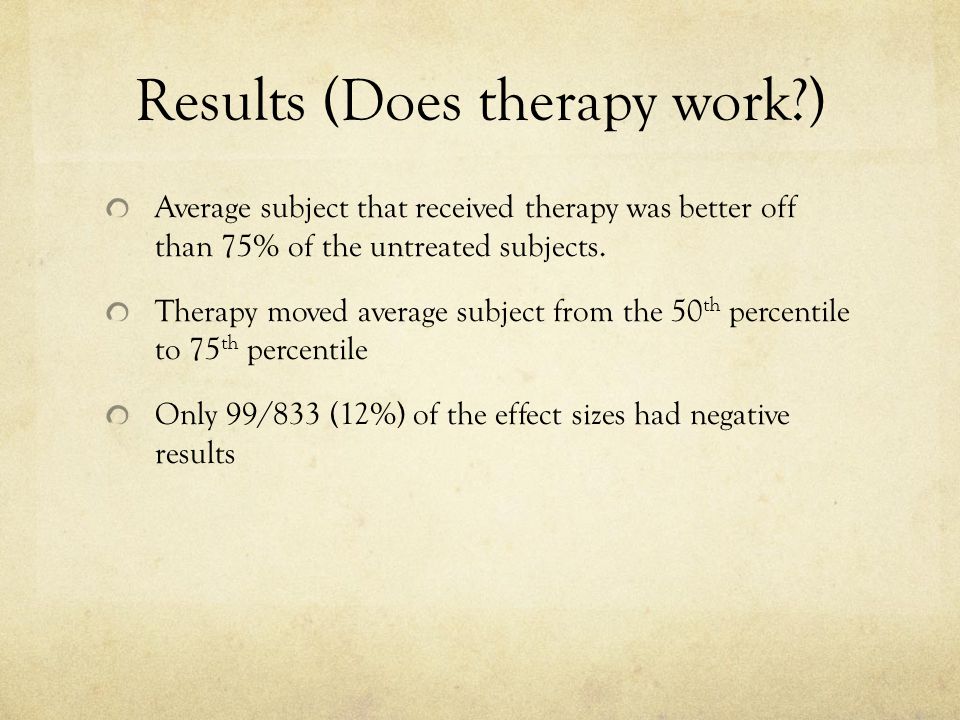 Results (Does therapy work ) Average subject that received therapy was better off than 75% of the untreated subjects.