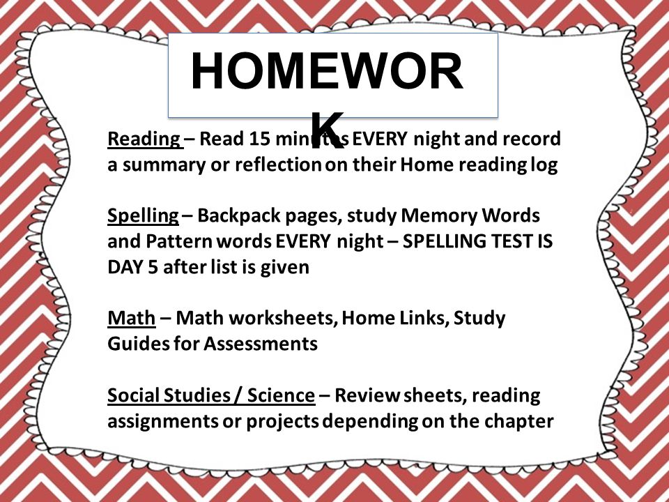 HOMEWOR K Reading – Read 15 minutes EVERY night and record a summary or reflection on their Home reading log Spelling – Backpack pages, study Memory Words and Pattern words EVERY night – SPELLING TEST IS DAY 5 after list is given Math – Math worksheets, Home Links, Study Guides for Assessments Social Studies / Science – Review sheets, reading assignments or projects depending on the chapter