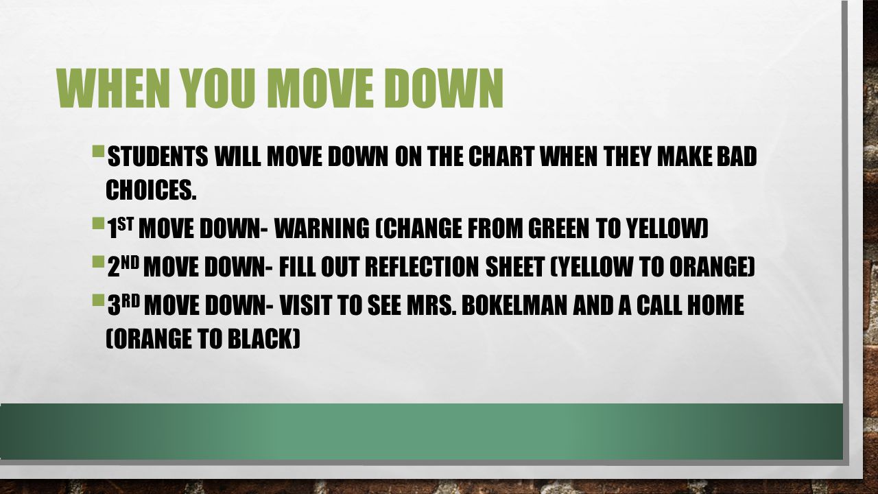 WHEN YOU MOVE DOWN  STUDENTS WILL MOVE DOWN ON THE CHART WHEN THEY MAKE BAD CHOICES.