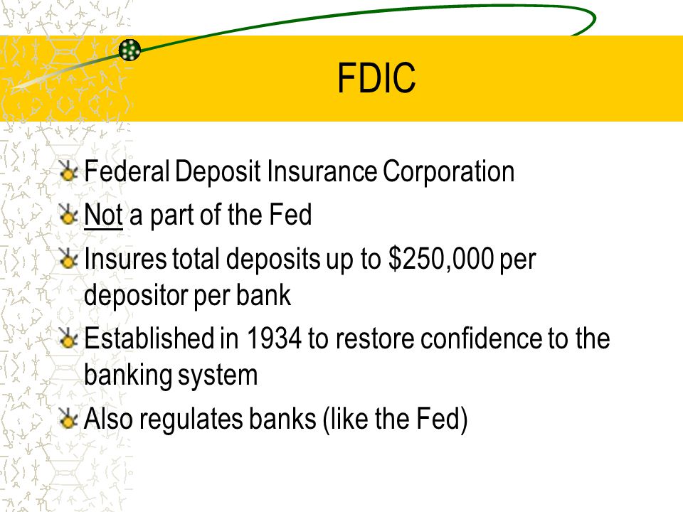 FDIC Federal Deposit Insurance Corporation Not a part of the Fed Insures total deposits up to $250,000 per depositor per bank Established in 1934 to restore confidence to the banking system Also regulates banks (like the Fed)