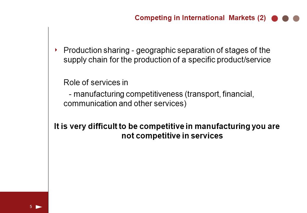 5 Competing in International Markets (2)  Production sharing - geographic separation of stages of the supply chain for the production of a specific product/service Role of services in - manufacturing competitiveness (transport, financial, communication and other services) It is very difficult to be competitive in manufacturing you are not competitive in services