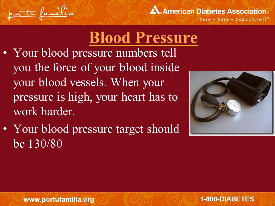 DIABETES Blood Pressure Your blood pressure numbers tell you the force of your blood inside your blood vessels.