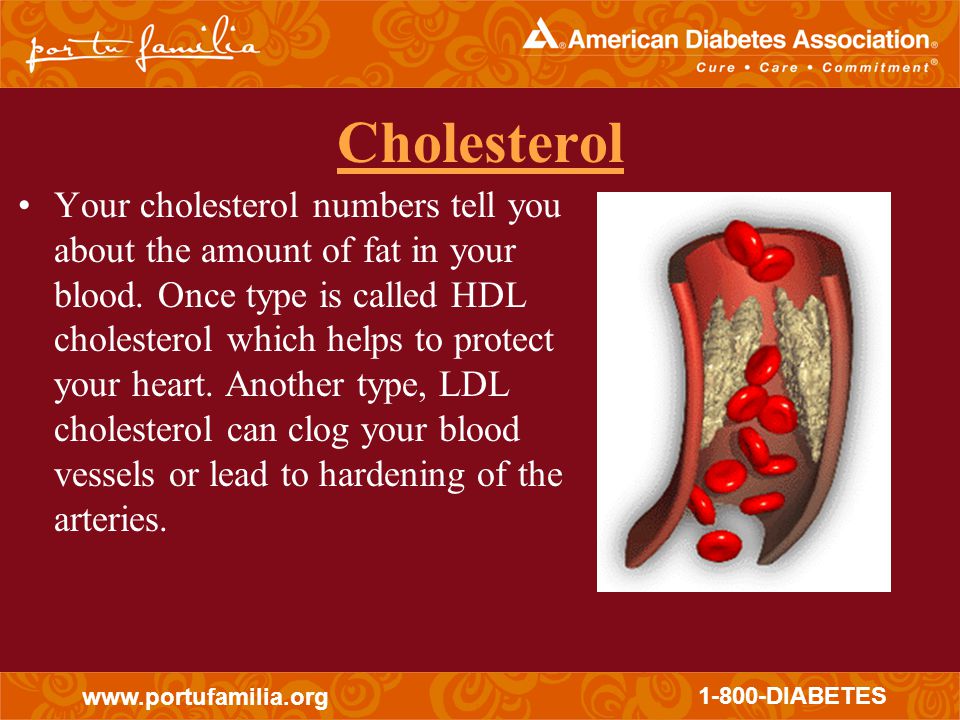 DIABETES Cholesterol Your cholesterol numbers tell you about the amount of fat in your blood.