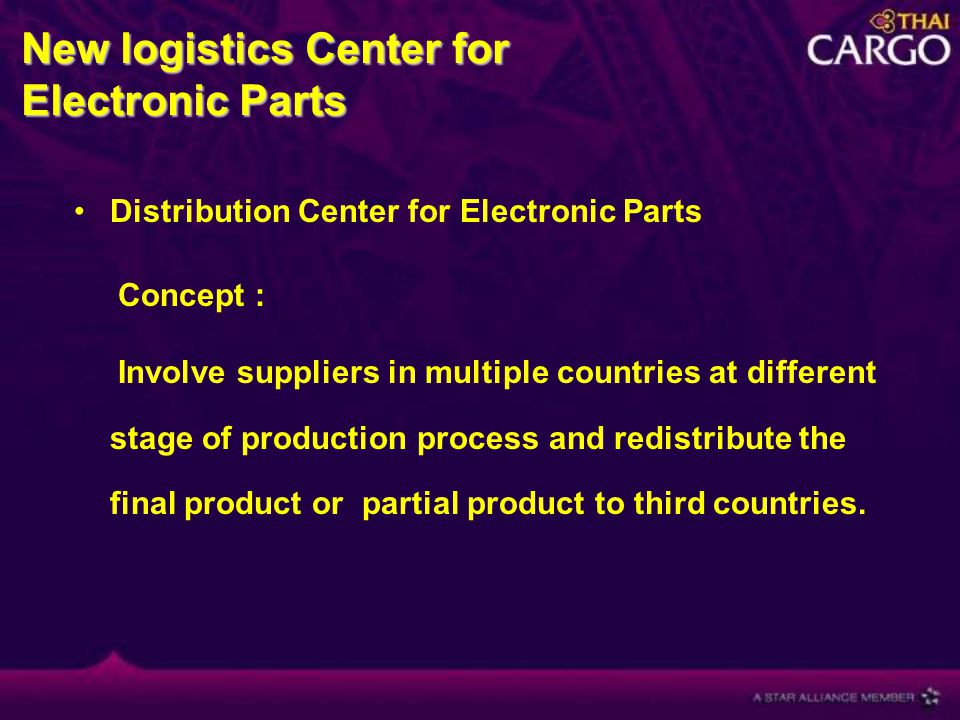 Distribution Center for Electronic Parts Concept : Involve suppliers in multiple countries at different stage of production process and redistribute the final product or partial product to third countries.