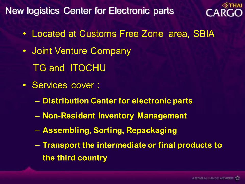 New logistics Center for Electronic parts Located at Customs Free Zone area, SBIA Joint Venture Company TG and ITOCHU Services cover : –Distribution Center for electronic parts –Non-Resident Inventory Management –Assembling, Sorting, Repackaging –Transport the intermediate or final products to the third country