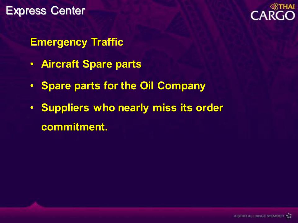 Express Center Emergency Traffic Aircraft Spare parts Spare parts for the Oil Company Suppliers who nearly miss its order commitment.