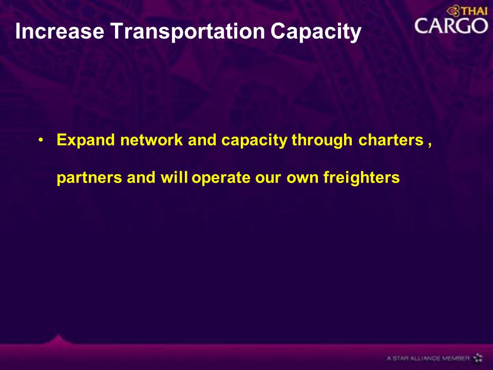 Expand network and capacity through charters, partners and will operate our own freighters Increase Transportation Capacity