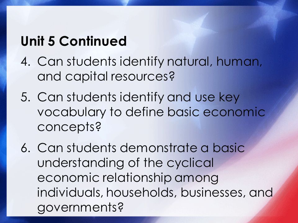 Unit 5 Continued 4.Can students identify natural, human, and capital resources.