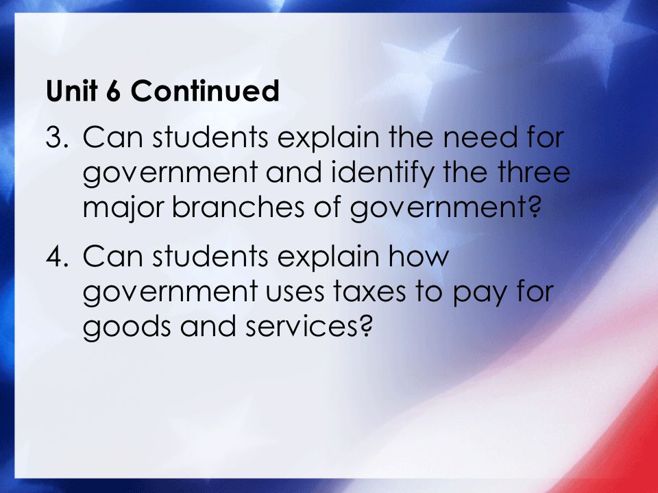 Unit 6 Continued 3.Can students explain the need for government and identify the three major branches of government.