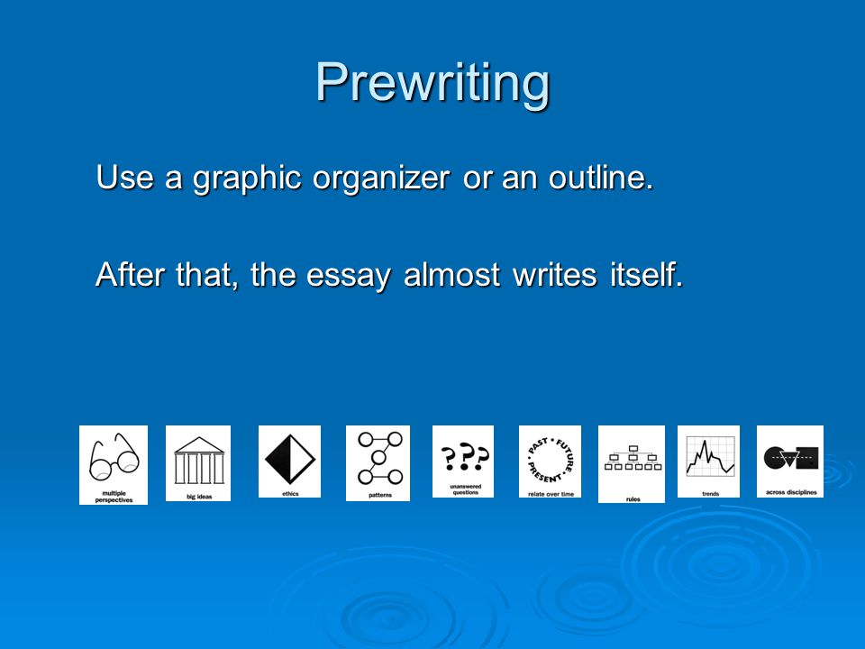 Prewriting Use a graphic organizer or an outline. After that, the essay almost writes itself.