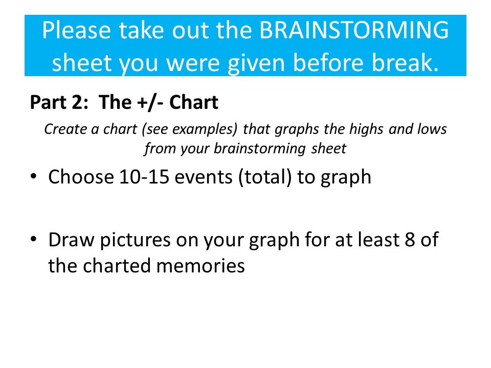 Please take out the BRAINSTORMING sheet you were given before break.