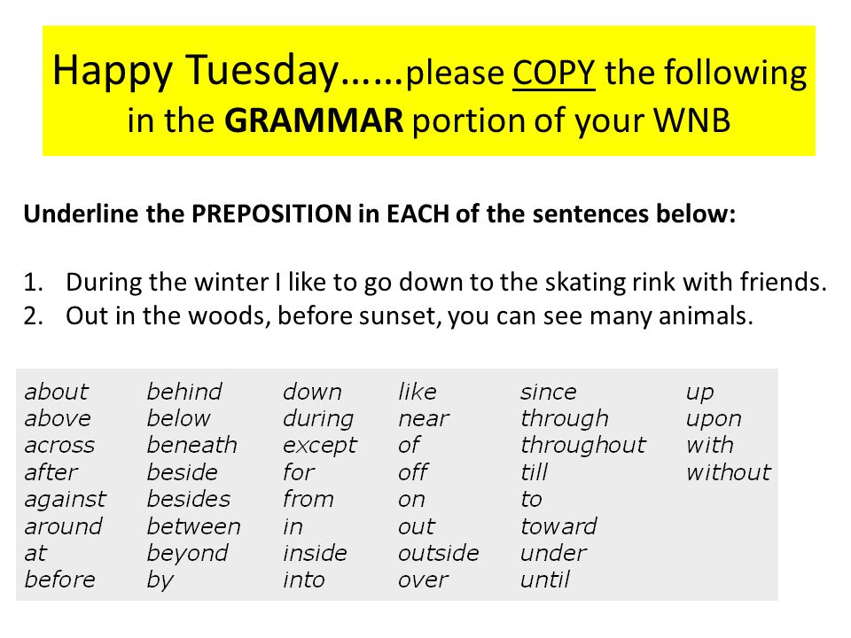 Happy Tuesday…… please COPY the following in the GRAMMAR portion of your WNB Underline the PREPOSITION in EACH of the sentences below: 1.During the winter I like to go down to the skating rink with friends.