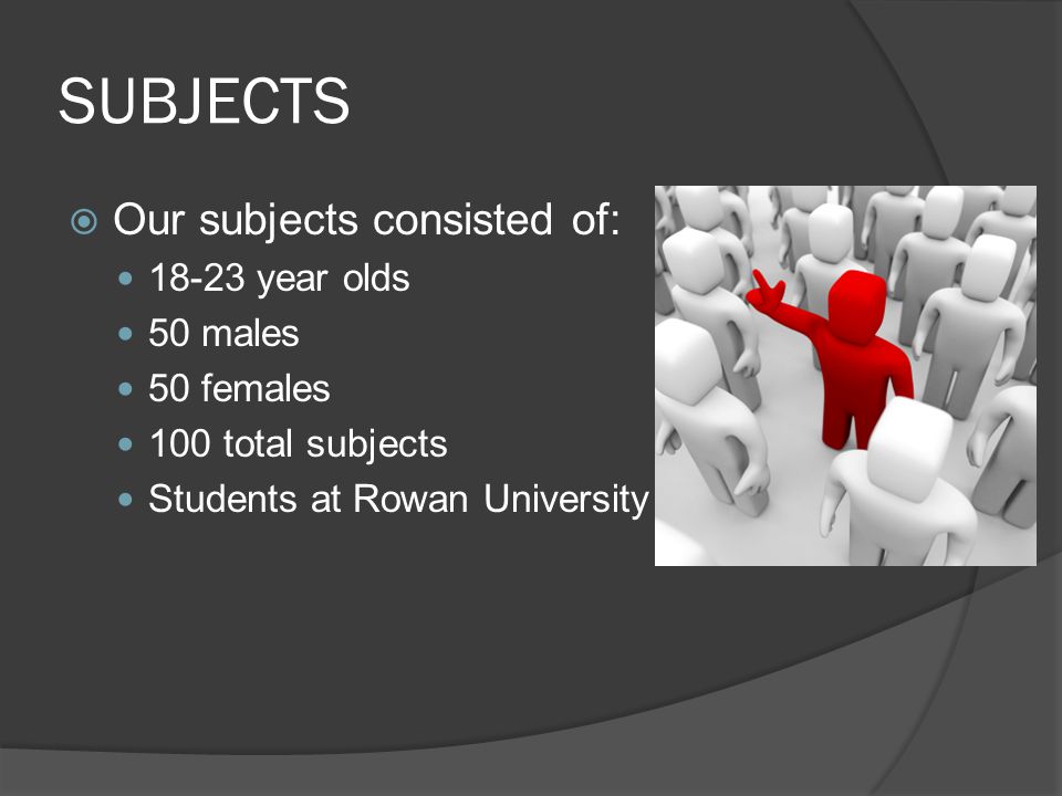 SUBJECTS  Our subjects consisted of: year olds 50 males 50 females 100 total subjects Students at Rowan University