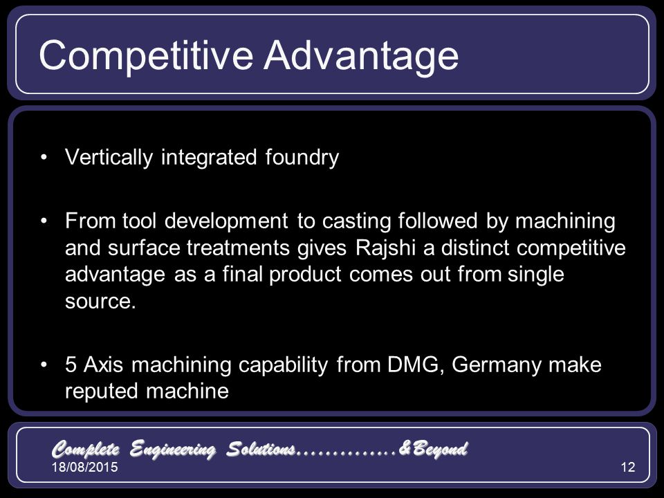 18/08/ Competitive Advantage Vertically integrated foundry From tool development to casting followed by machining and surface treatments gives Rajshi a distinct competitive advantage as a final product comes out from single source.