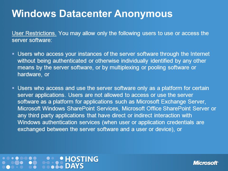Windows Datacenter Anonymous User Restrictions.