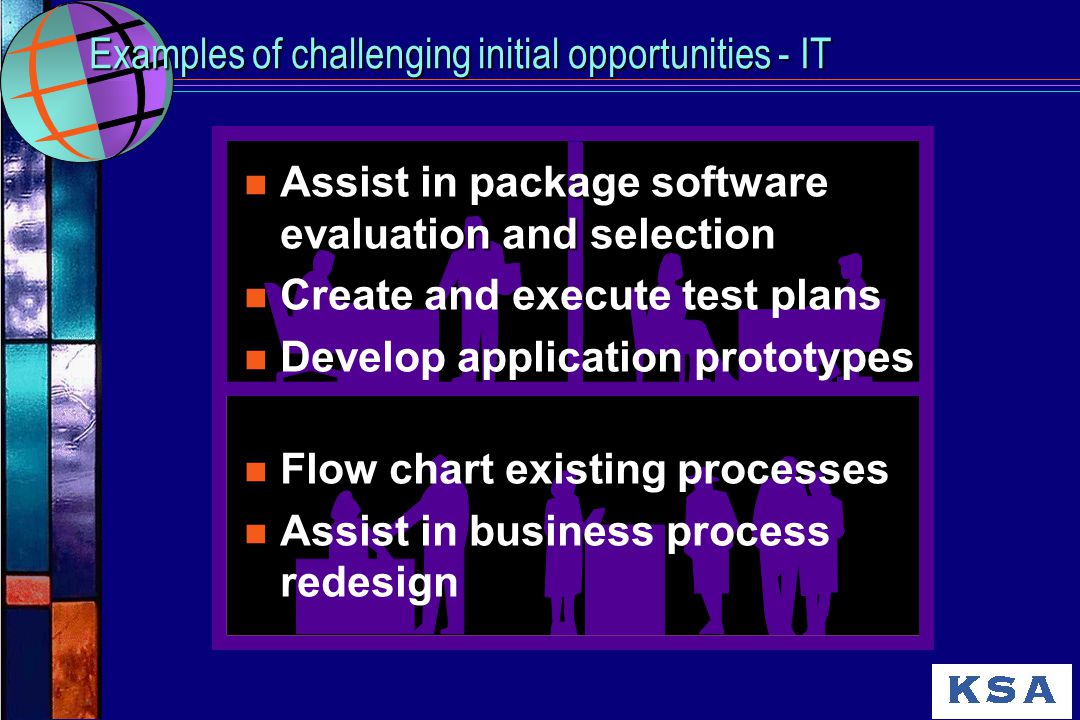 Examples of challenging initial opportunities - IT n Assist in package software evaluation and selection n Create and execute test plans n Develop application prototypes n Flow chart existing processes n Assist in business process redesign