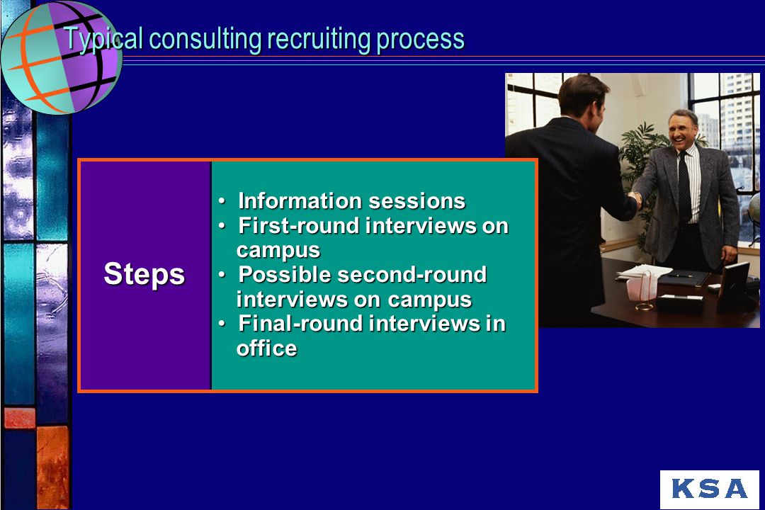 Typical consulting recruiting process Steps Information sessions Information sessions First-round interviews on First-round interviews on campus campus Possible second-round interviews on campus Possible second-round interviews on campus Final-round interviews in Final-round interviews in office office