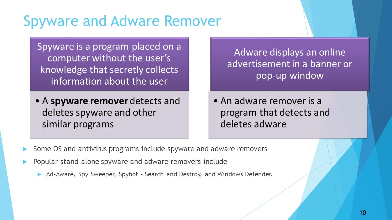 Spyware and Adware Remover  Some OS and antivirus programs include spyware and adware removers  Popular stand-alone spyware and adware removers include  Ad-Aware, Spy Sweeper, Spybot – Search and Destroy, and Windows Defender.