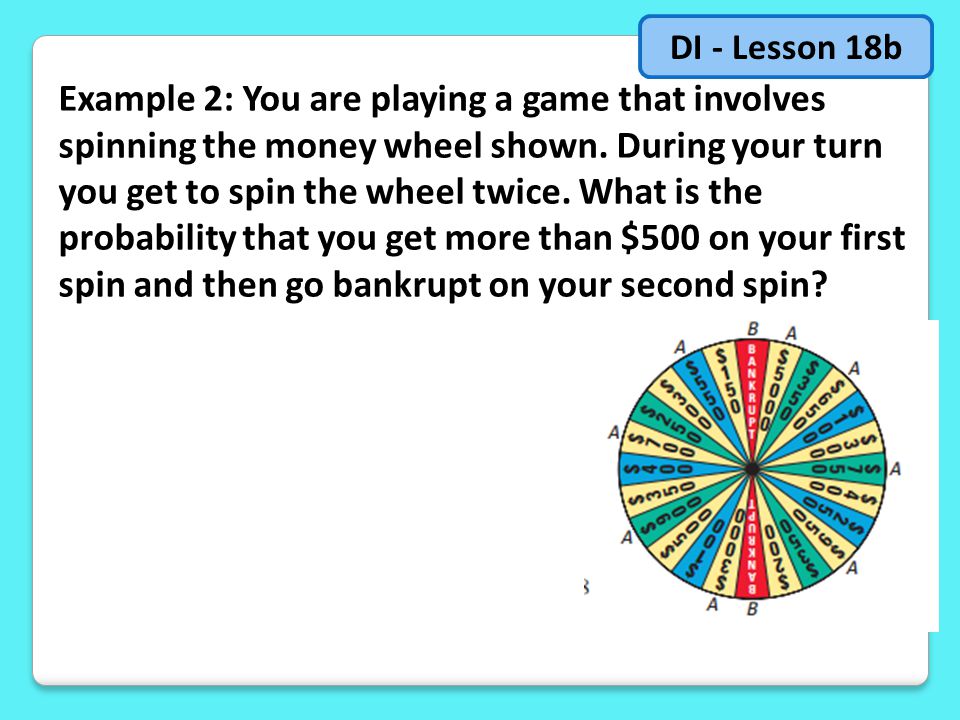 Example 2: You are playing a game that involves spinning the money wheel shown.