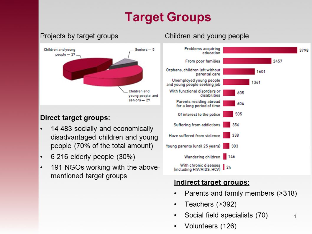 Target Groups Direct target groups: socially and economically disadvantaged children and young people (70% of the total amount) elderly people (30%) 191 NGOs working with the above- mentioned target groups Indirect target groups: Parents and family members (>318) Teachers (>392) Social field specialists (70) Volunteers (126) Projects by target groupsChildren and young people 4