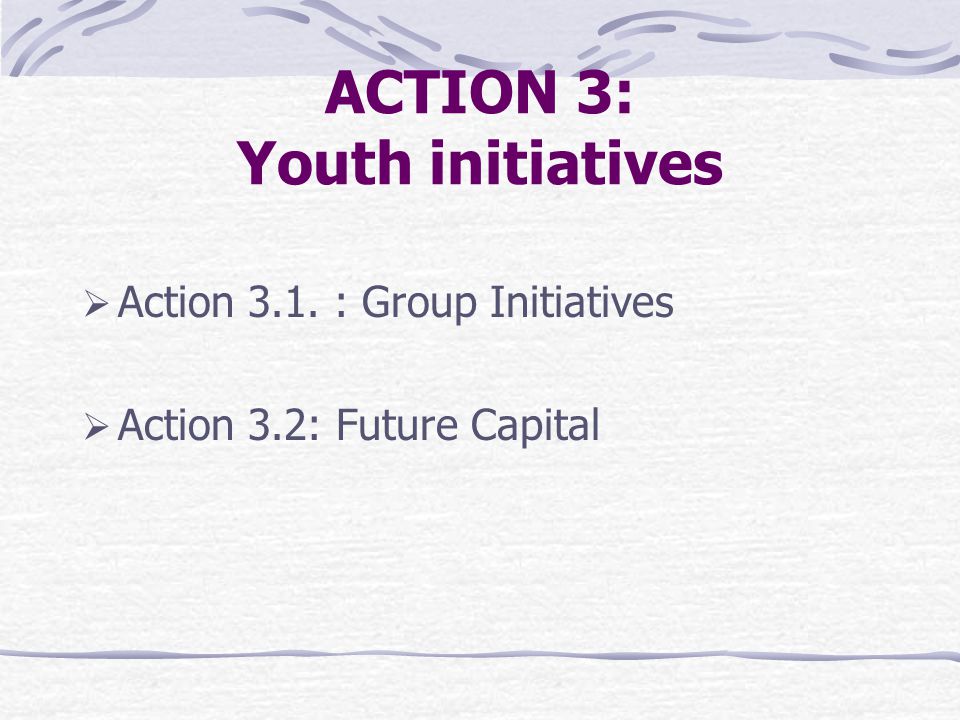 ACTION 3: Youth initiatives  Action 3.1. : Group Initiatives  Action 3.2: Future Capital