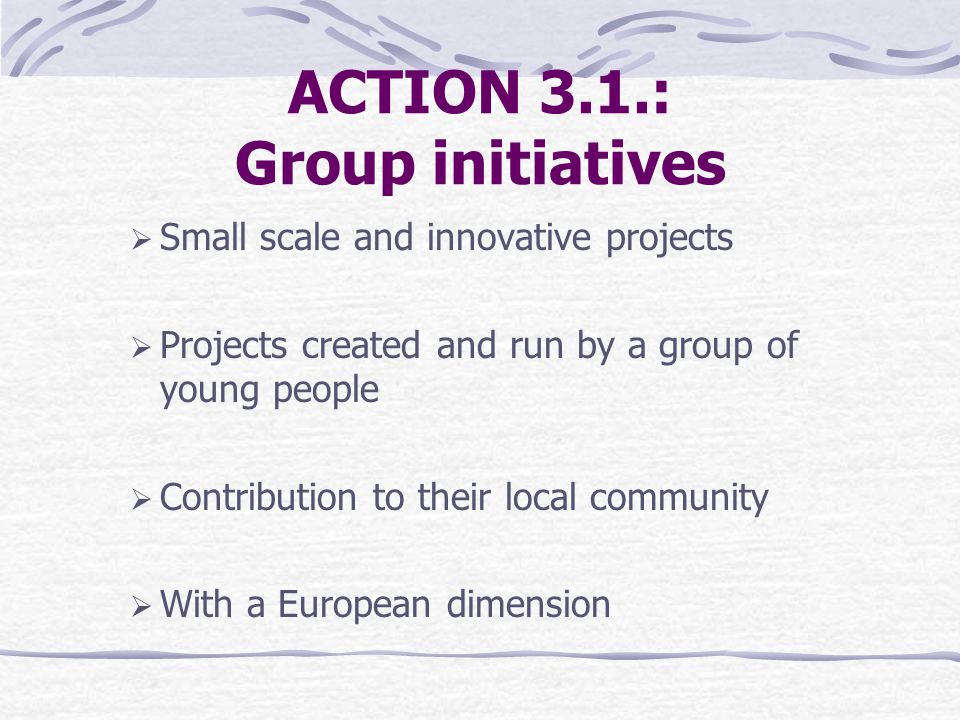 ACTION 3.1.: Group initiatives  Small scale and innovative projects  Projects created and run by a group of young people  Contribution to their local community  With a European dimension