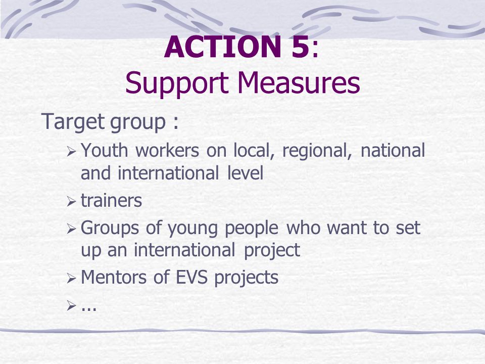 ACTION 5: Support Measures Target group :  Youth workers on local, regional, national and international level  trainers  Groups of young people who want to set up an international project  Mentors of EVS projects ...