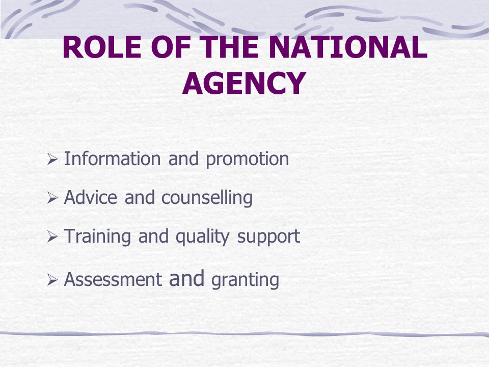 ROLE OF THE NATIONAL AGENCY  Information and promotion  Advice and counselling  Training and quality support  Assessment and granting