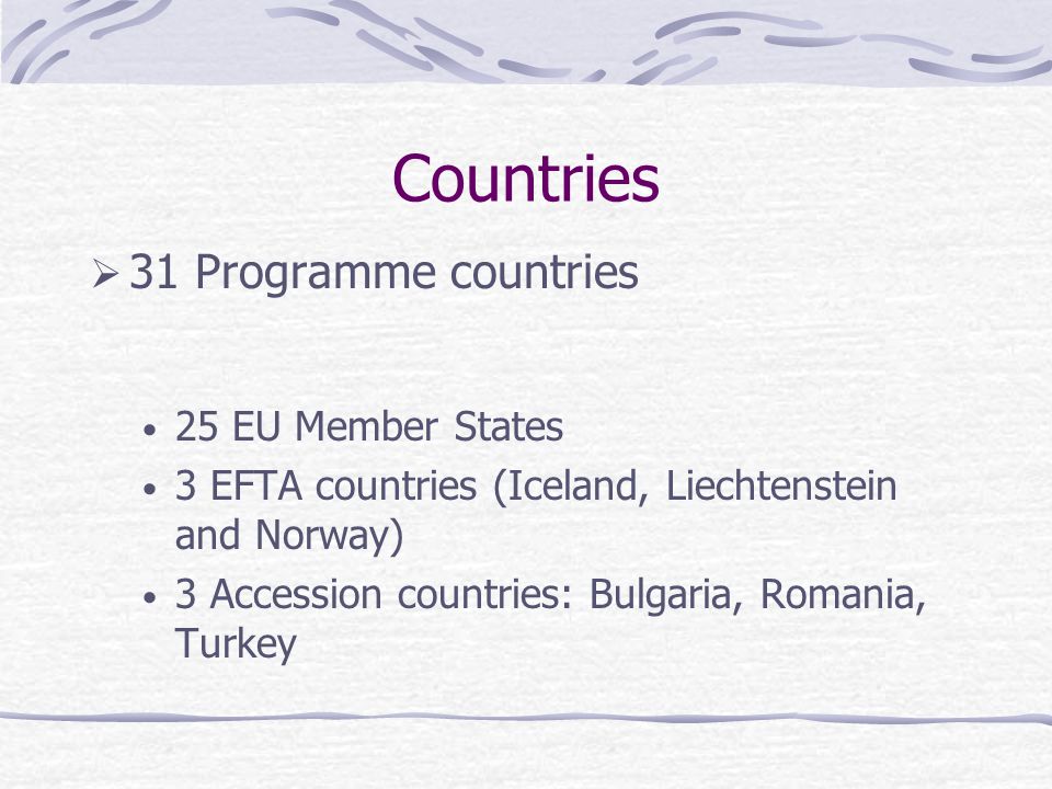 Countries  31 Programme countries 25 EU Member States 3 EFTA countries (Iceland, Liechtenstein and Norway) 3 Accession countries: Bulgaria, Romania, Turkey