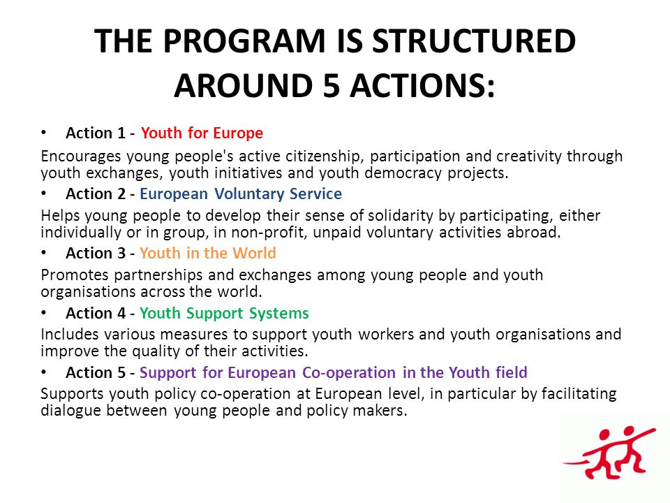 THE PROGRAM IS STRUCTURED AROUND 5 ACTIONS: Action 1 - Youth for Europe Encourages young people s active citizenship, participation and creativity through youth exchanges, youth initiatives and youth democracy projects.