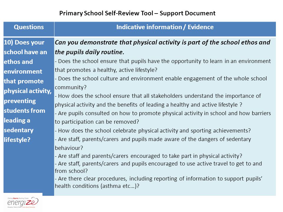 QuestionsIndicative information / Evidence 10) Does your school have an ethos and environment that promote physical activity, preventing students from leading a sedentary lifestyle.