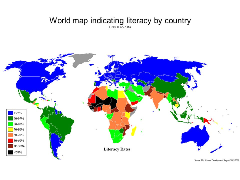 World map indicating literacy by country Grey = no data