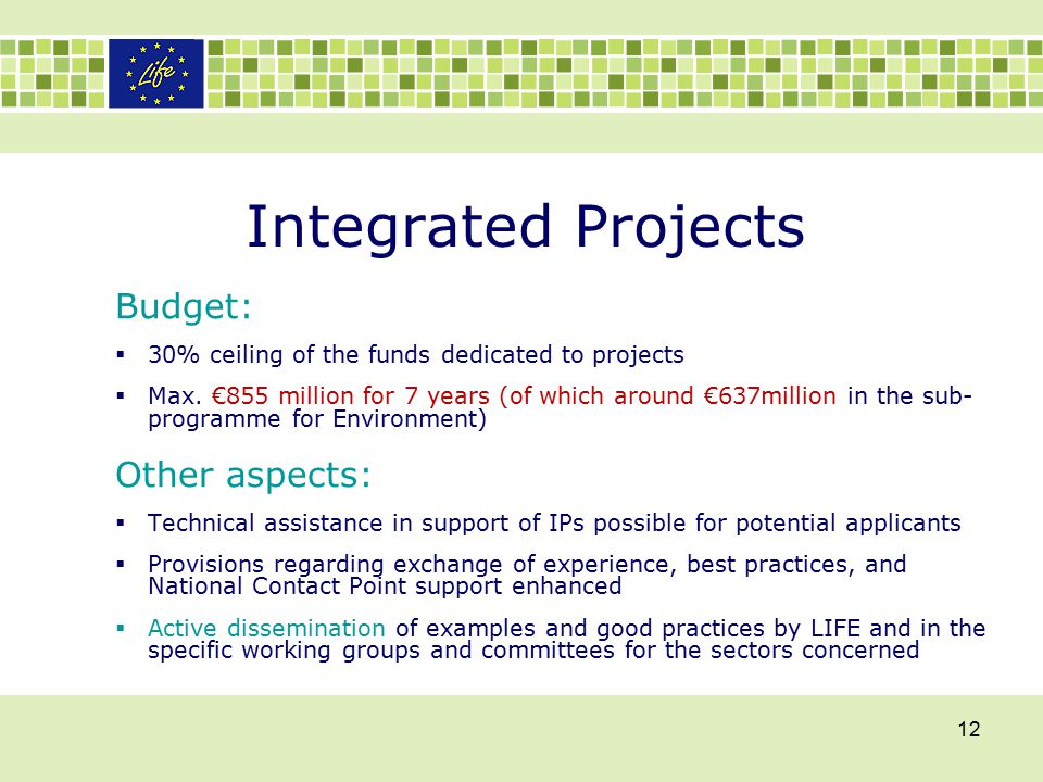 Integrated Projects Budget:  30% ceiling of the funds dedicated to projects  Max.