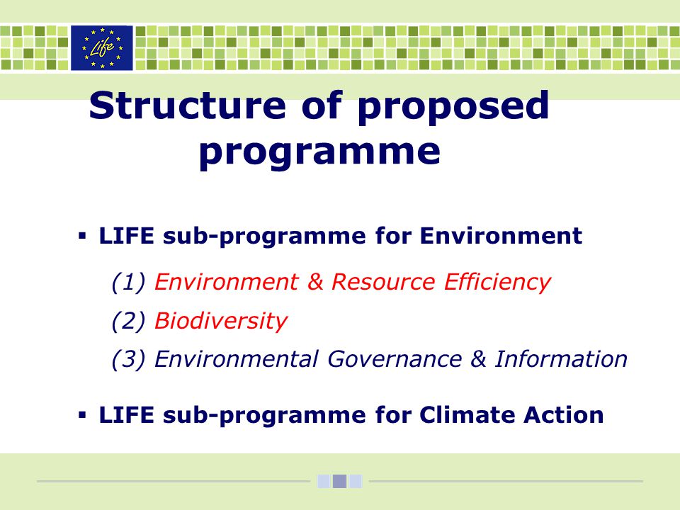 Structure of proposed programme  LIFE sub-programme for Environment (1) Environment & Resource Efficiency (2) Biodiversity (3) Environmental Governance & Information  LIFE sub-programme for Climate Action