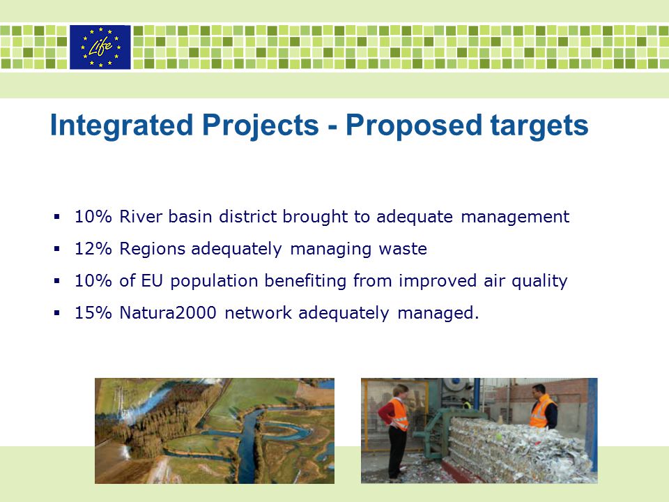 Integrated Projects - Proposed targets  10% River basin district brought to adequate management  12% Regions adequately managing waste  10% of EU population benefiting from improved air quality  15% Natura2000 network adequately managed.