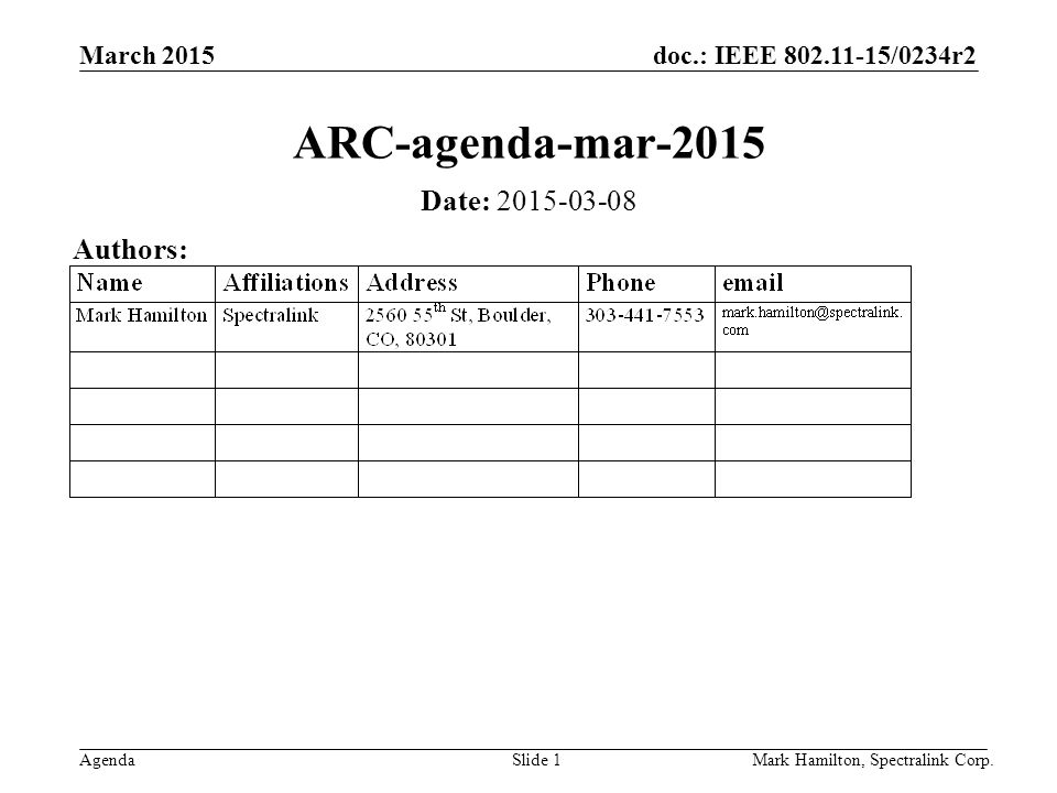 March 2015 Agenda doc.: IEEE /0234r2 Mark Hamilton, Spectralink Corp.Slide 1 ARC-agenda-mar-2015 Date: Authors: